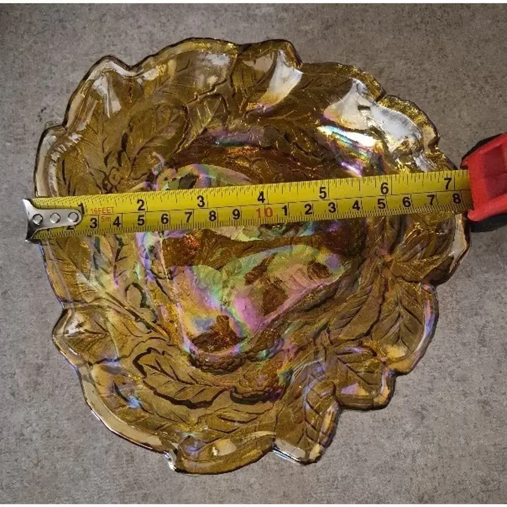 Vintage Iridescent Amber Carnival Glass Grape & Leaf Ruffled Bowl 7.75